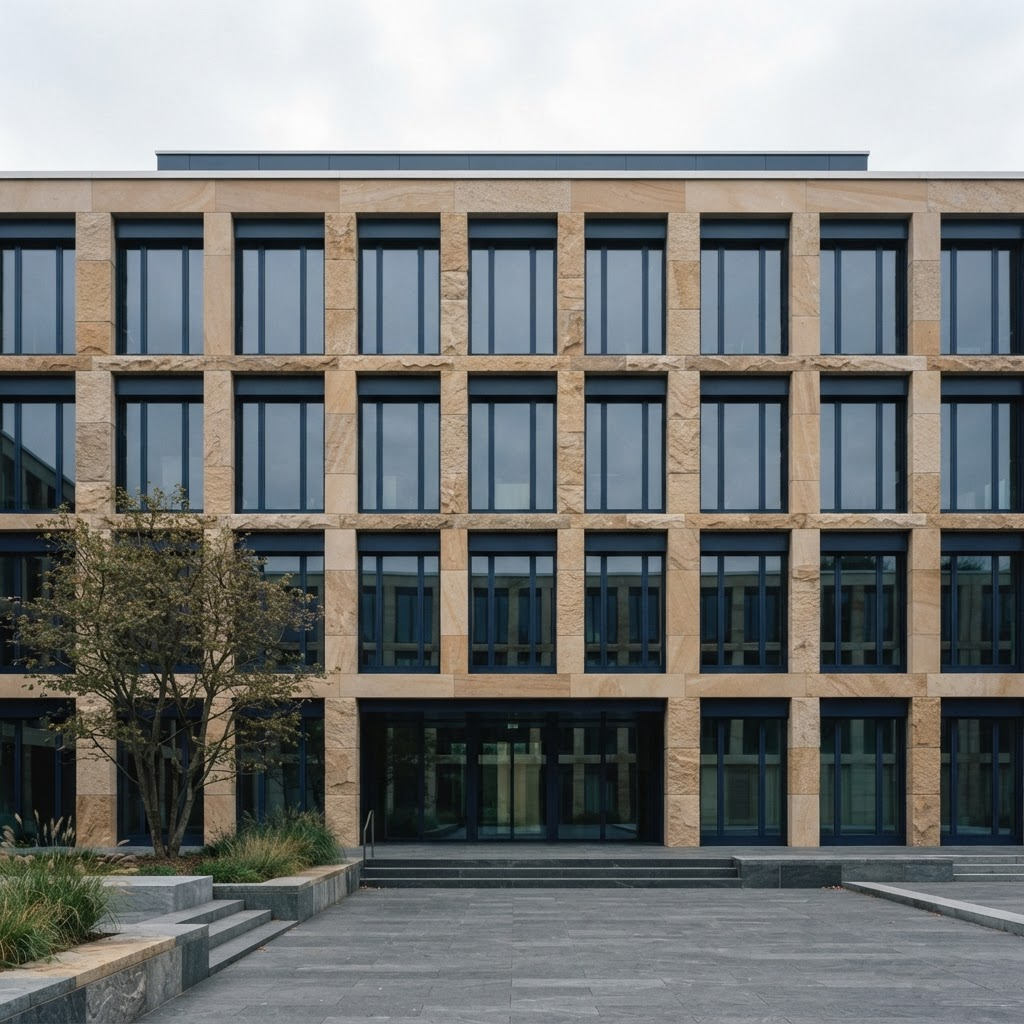 Clean vertical lines of a modern Swiss stone-and-glass building conveying permanence