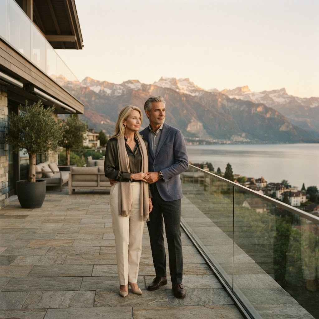A couple looking out over an alpine lake at golden hour, considering their long-term plans