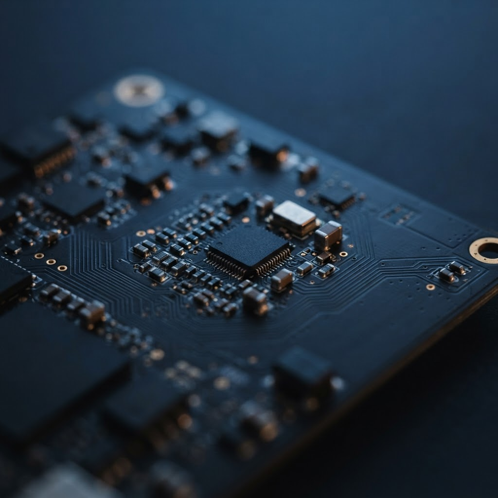 Macro view of a secure hardware security module lit with soft blue light