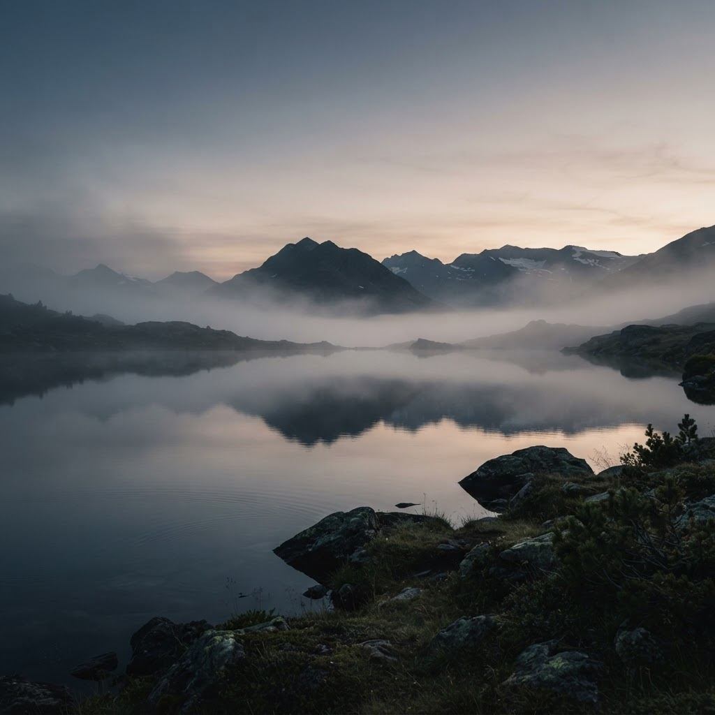 A still alpine lake at dawn conveying stability and long-term calm